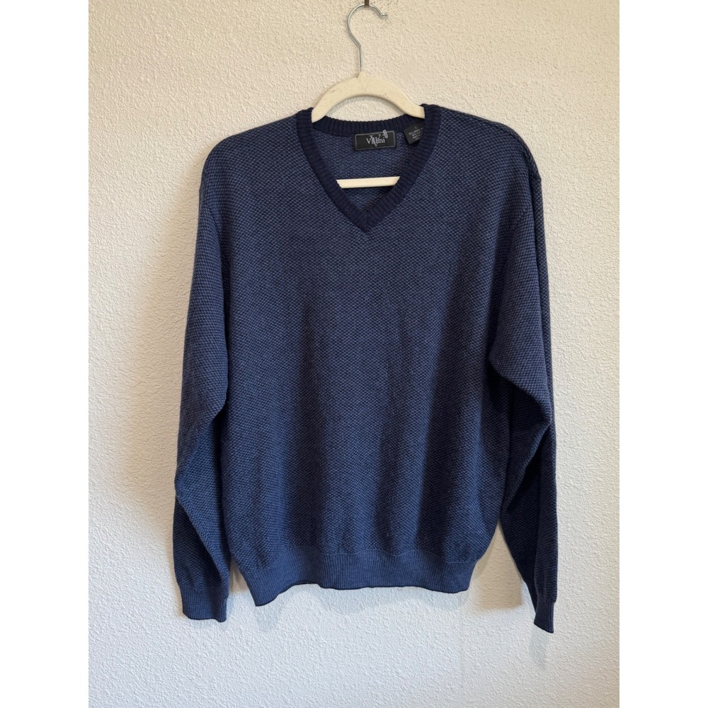 VTG Villini Mens Sweater Navy Blue Textured Knit Merino Wool‎ Blend L Grandpa